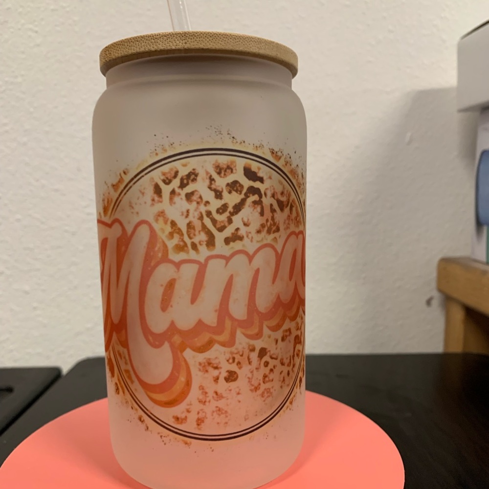Mama Glass Frosted Tumbler w/Straw & Bamboo Lid